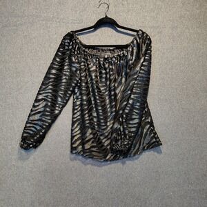 WHITE HOUSE BLACK MARKET Womens Black Silver Zebra Print Boho Off Shoulder Top M
